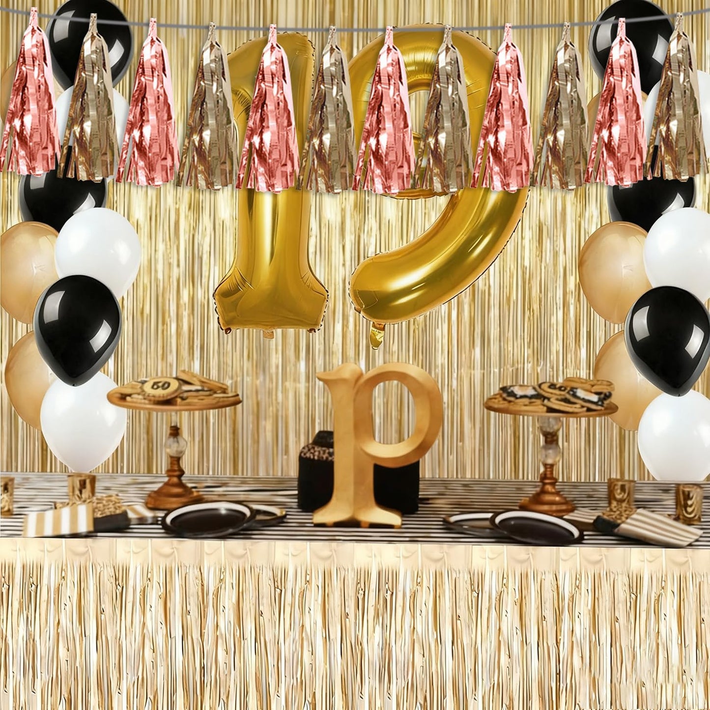3P Rose Champagne Gold Tassel Banner Garland Metallic Foil Fringe Banner Tinsel Tassels Streamer Banner Backdrop for Parade Floats, Graduation Decorations, Wedding Party Decoration