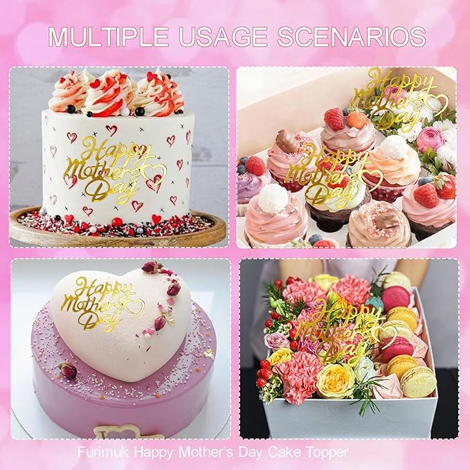 10 Pcs Happy Mother's Day Cake Toppers Gold Acrylic Mirror Cupcake Toppers for Mother’s Birthday Side Cake Decorations