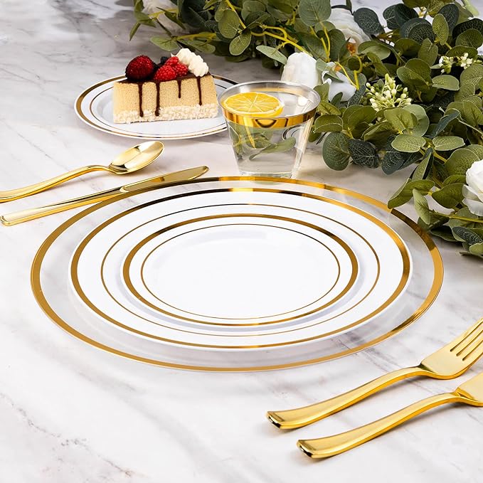 Goodluck 12 Inch Disposable Charger Plates Plastic, 100 Pack Plastic Clear Charger with Gold Rim, Gold Charger Plates for Dinner, Wedding, Party