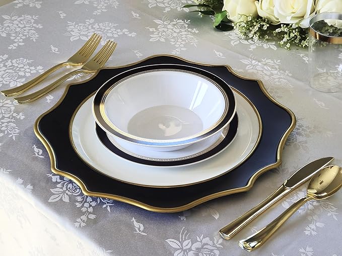 " OCCASIONS " 10 Pieces Round 13'' ACRYLIC MELAMINE Reusable Wedding Charger Plate (Scalloped Black and Gold)