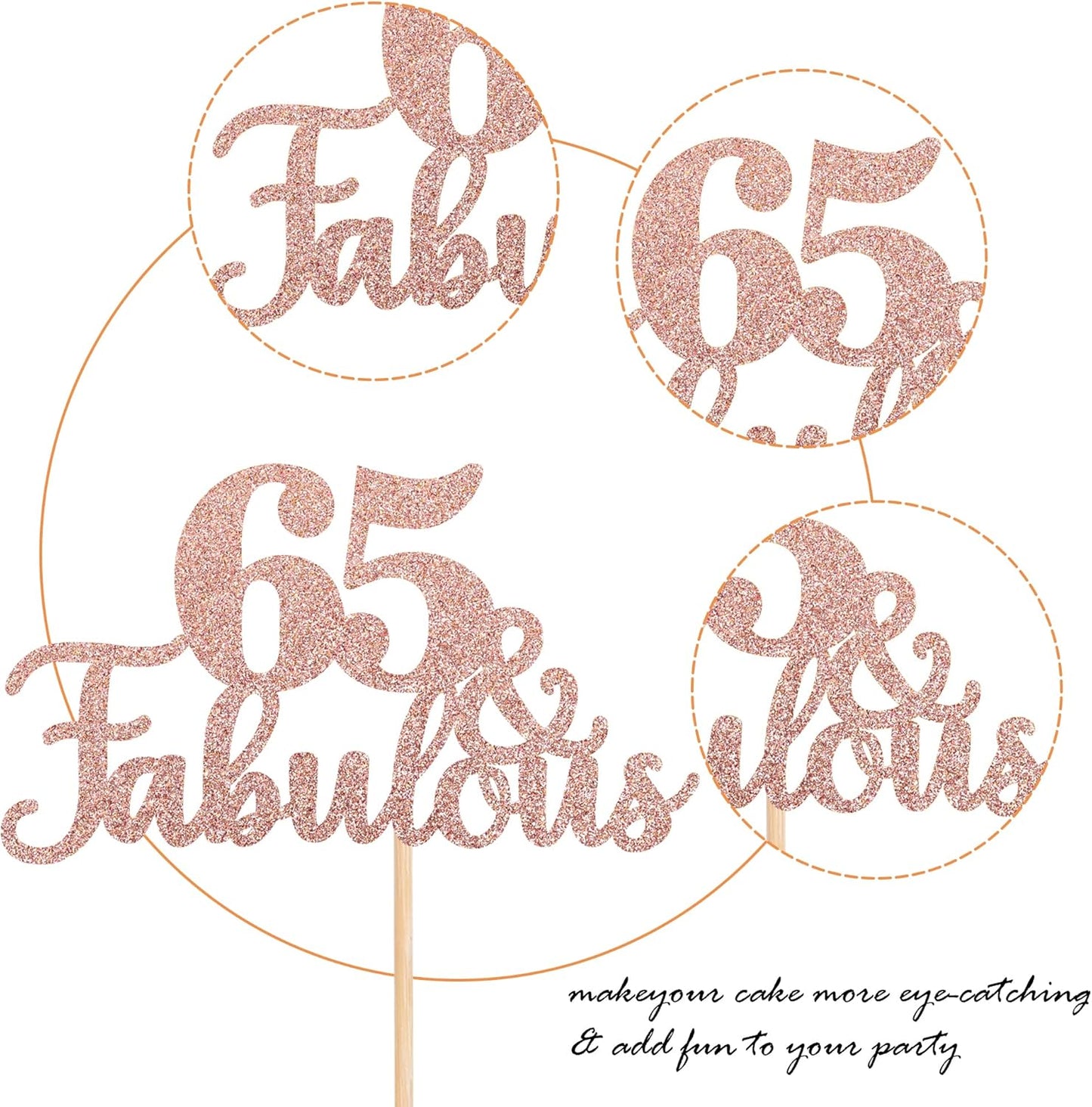 1 PCS 65 & Fabulous Cake Topper Glitter Sixty Five and Fabulous Cake Toppers Happy 65th Birthday Cake Pick for 65th Wedding Anniversary Birthday Party Cake Decorations Supplies Rose Gold