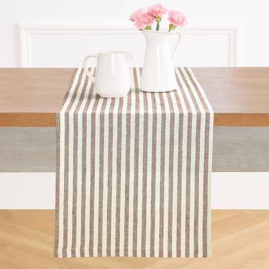 Solino Home Linen Table Runner 144 Inches Long - Amalfi Stripe, 100% Pure Linen Brown and Cream Farmhouse Table Runner 14 x 144 Inch for Dining, Fall, Autumn, Thanksgiving