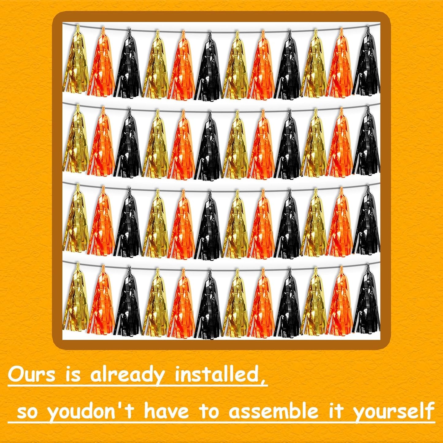 4P Orange Gold Black Tassel Banner Garland Metallic Foil Fringe Banner Tinsel Tassels Streamer Banner Backdrop for Parade Floats, Graduation Decorations, Halloween, Christmas Decorations
