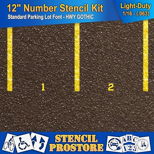 Pavement Stencils - 12 inch Number KIT Stencil Set - (12 Piece) - 12" x 9" x 1/16" (63 mil) - Light-Duty