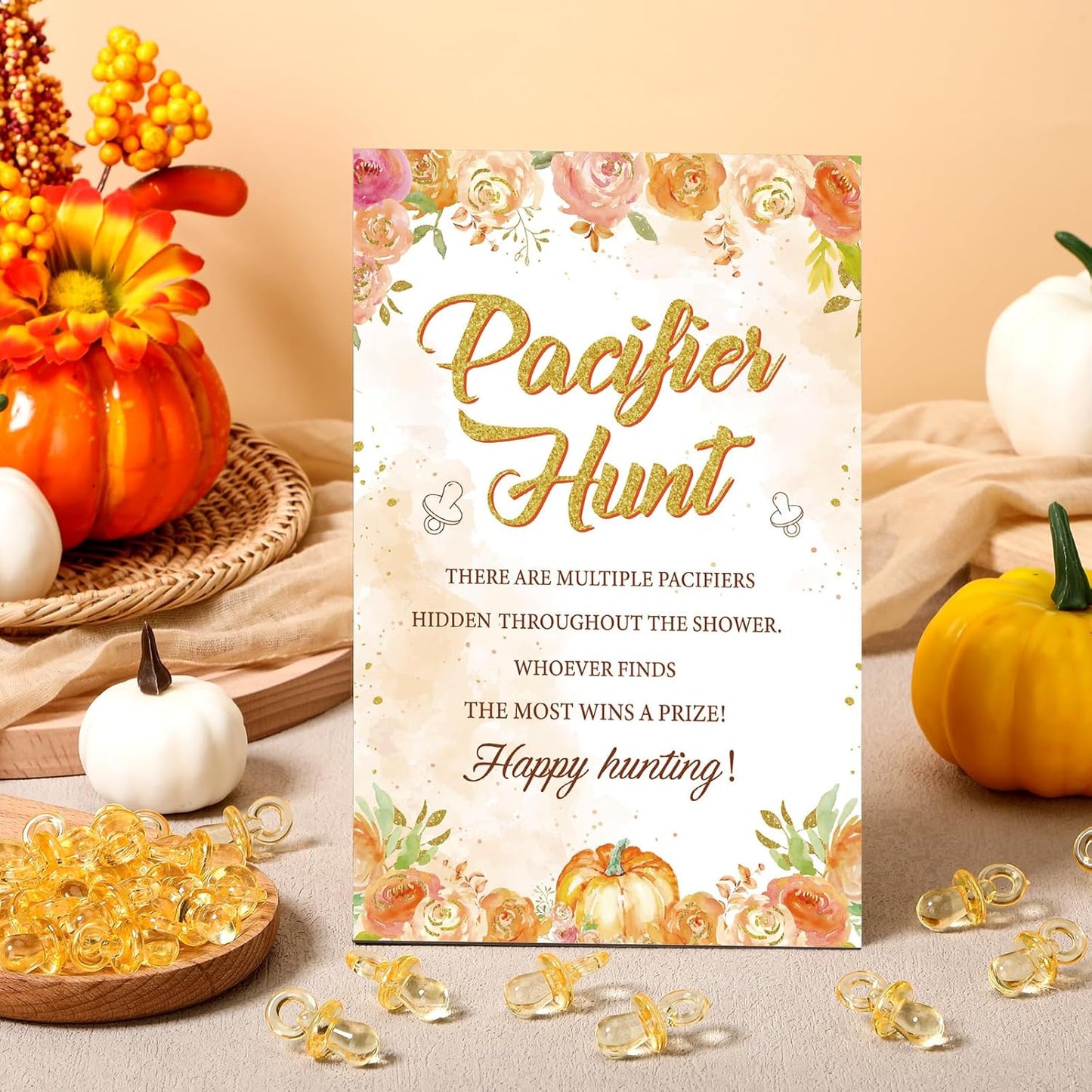 Thyle 51Pcs Fall Baby Shower Games a Little Pumpkin Is on The Way Pacifier Hunt Include Hunt Sign and 50 Acrylic Pacifiers for Thanksgiving Autumn Baby Shower Present Pumpkin Gender Reveal Party Decor