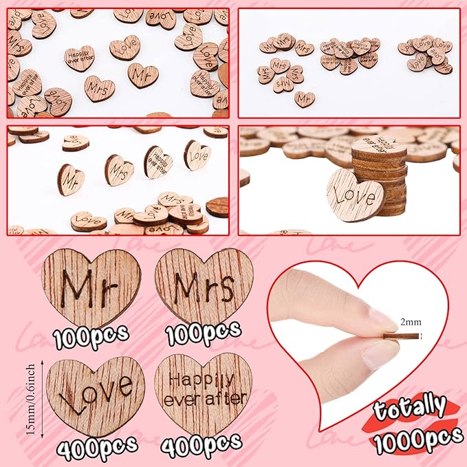 Blulu 1000 Pcs Small Wooden Heart Confetti for Craft Rustic Wedding Table Love Heart Centerpieces Decorations Mr Mrs Love Cake Decoration Gift for DIY Wedding Party Table Cake(Romantic Style)