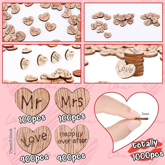 Blulu 1000 Pcs Small Wooden Heart Confetti for Craft Rustic Wedding Table Love Heart Centerpieces Decorations Mr Mrs Love Cake Decoration Gift for DIY Wedding Party Table Cake(Romantic Style)