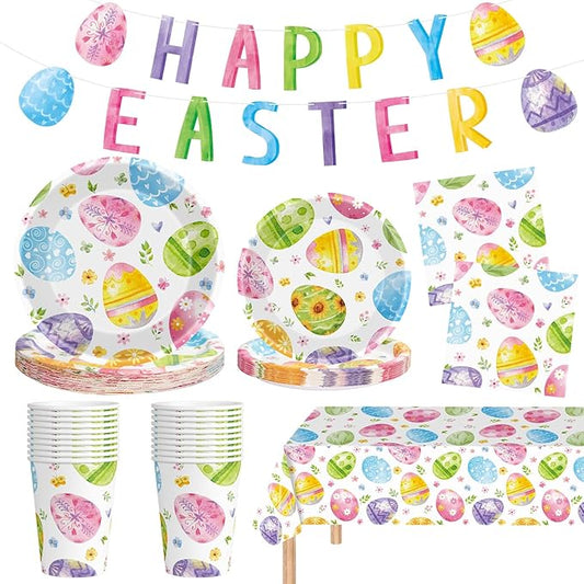 102 Pcs Easter Party Decorations Set - Spring Watercolor Eggs Paper Plates and Napkins Kit, Includes Happy Easter Banner, Plates, Napkins, Cups, Plastic Tablecloth for Easters Supplies Table Decor