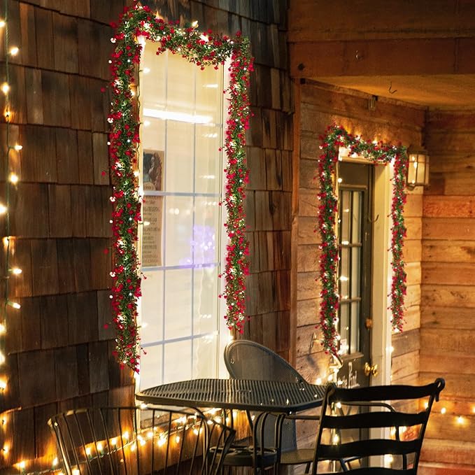 RECUTMS Artificial Leaves Garland with Flowers Fake Vines with Lights Spring Mantel Garland Fake Greenery Vines 5.8 Ft Lit Vine for Mantle for Wall Wedding Party Table Home Bedroom Decor(Red)