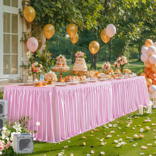 Wish Care 14ft Length Pink Satin Table Skirt for Rectangle Tables Wrinkle Free Glitter Desk Skirting Pleated Ruffle Table Cloth for Princess Girls Birthday Baby Shower Party Cake Table Decorations
