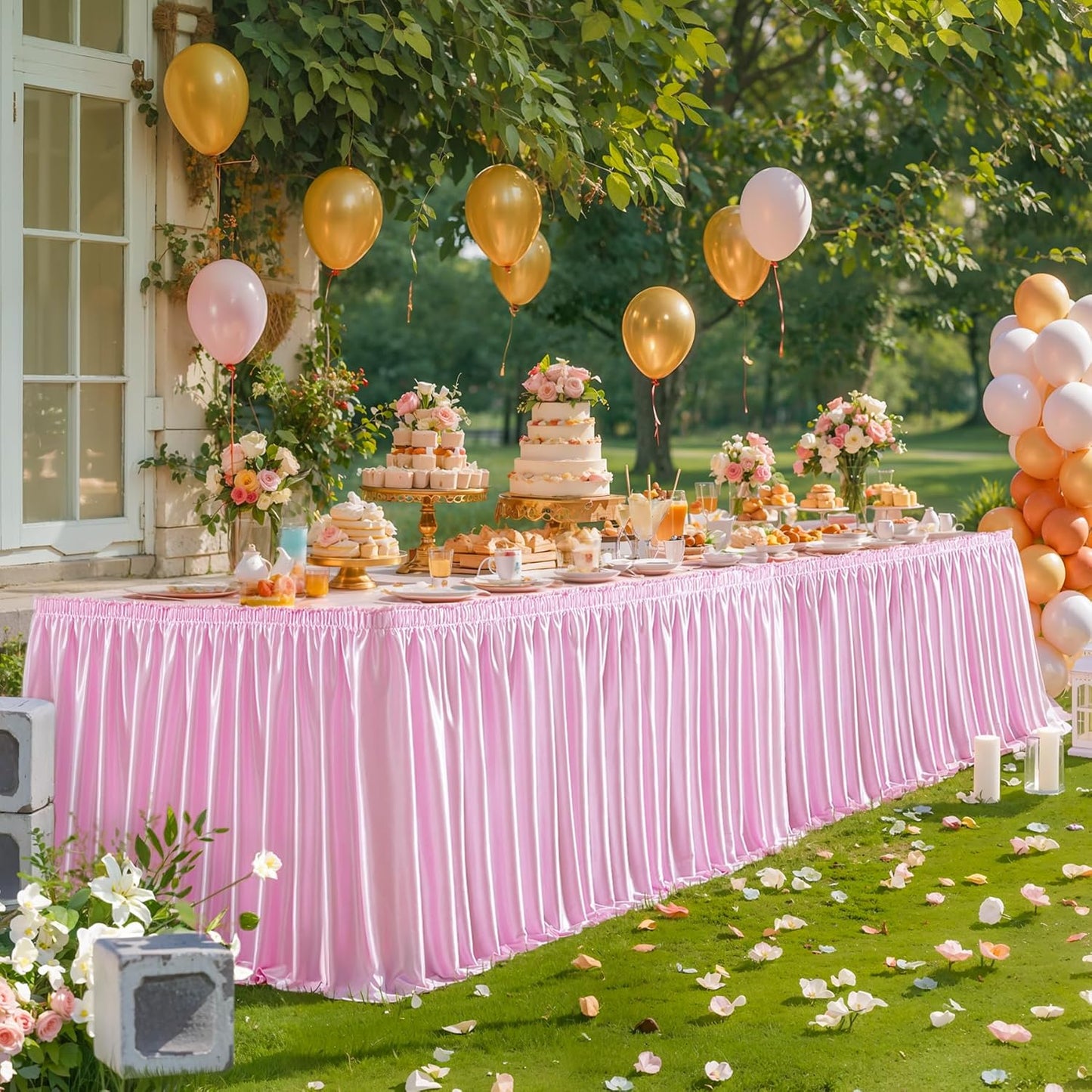 Wish Care 17ft Long Pink Satin Table Skirt for Rectangle Tables Wrinkle Free Glitter Desk Skirts Pleated Ruffle Table Cloth for Wedding Princess Girls Birthday Baby Shower Party Cake Table Decorations