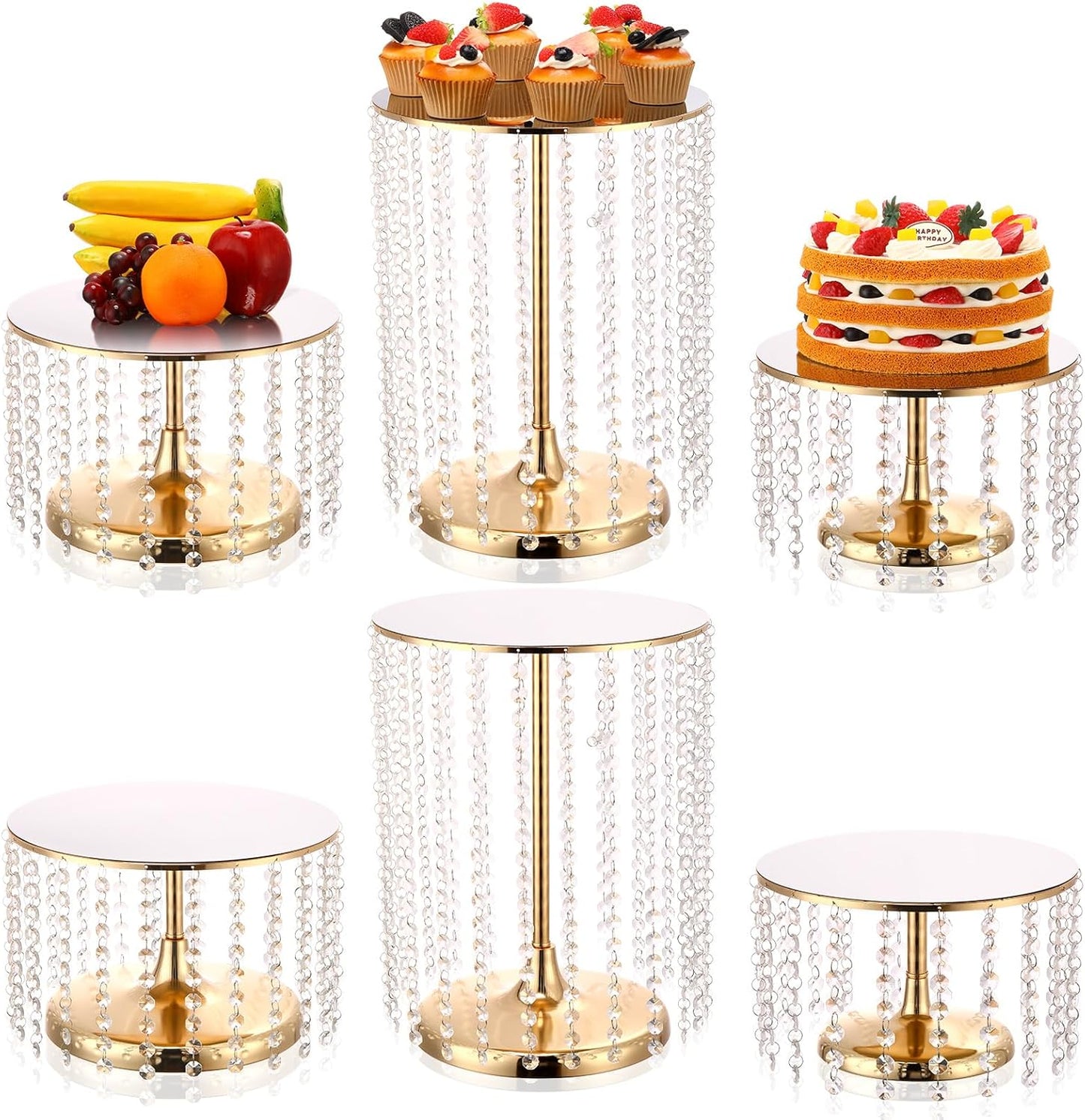 Set of 6 Metal Cake Stands with Crystal Pendant Round Dessert Display Plate Cupcake Holder Pedestal for Wedding Party Birthday Baby Shower Anniversary Celebration Home Decor (Gold)