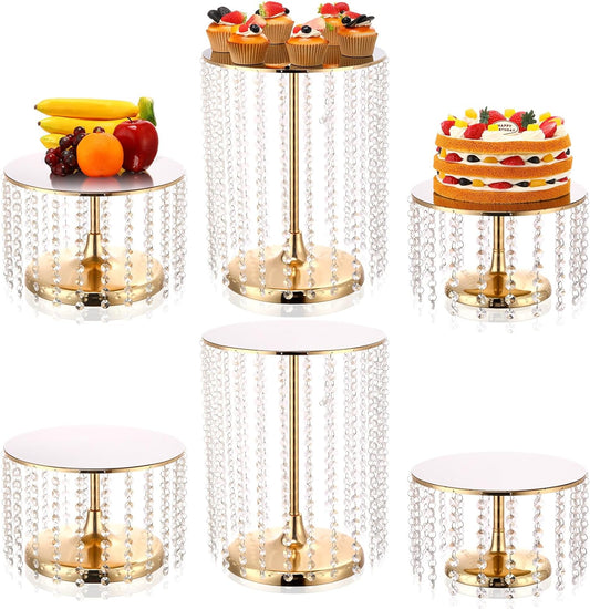 Set of 6 Metal Cake Stands with Crystal Pendant Round Dessert Display Plate Cupcake Holder Pedestal for Wedding Party Birthday Baby Shower Anniversary Celebration Home Decor (Gold)