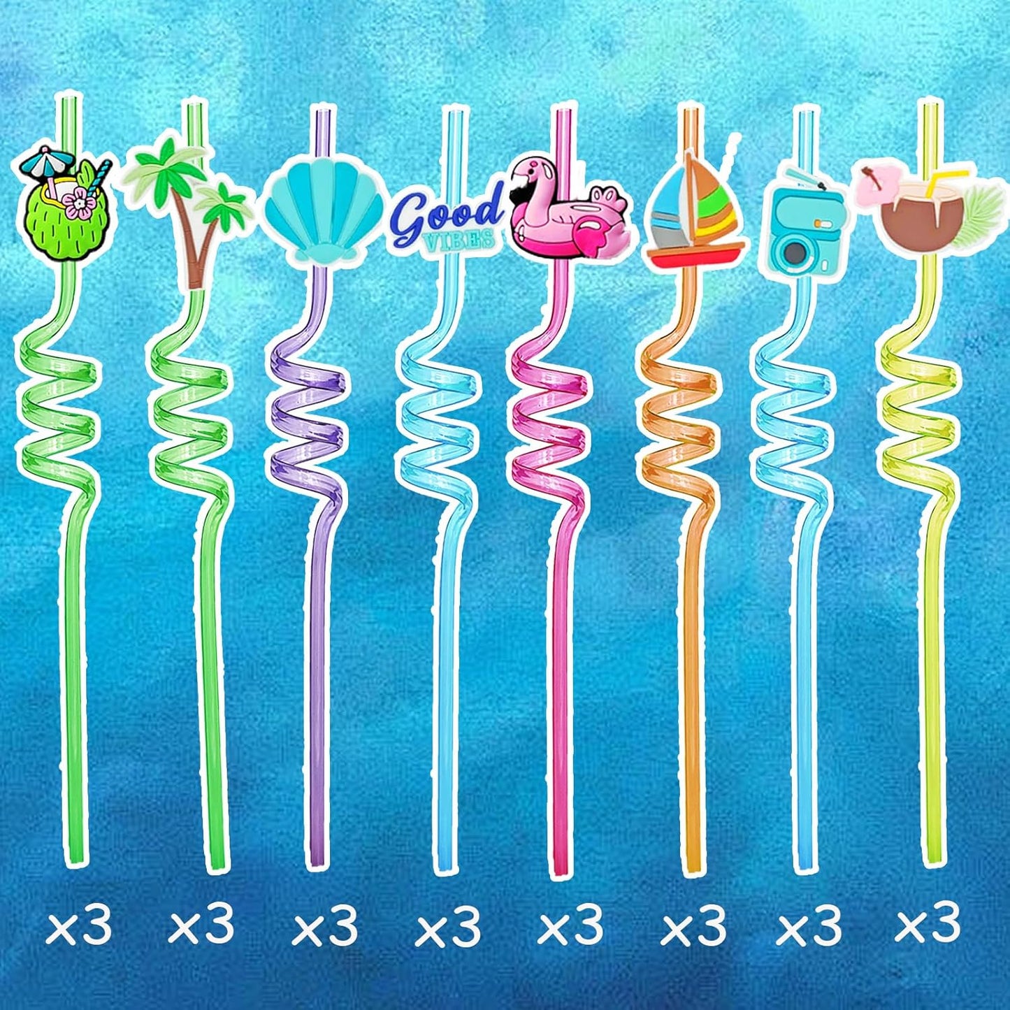 24Pcs Summer Beach Pool Party Favor Drinking Straws, Pool Party Decorations Supplies, Pool Party Favors for Kids Birthday, Crazy Silly Straws for Beach Theme Party Decorations