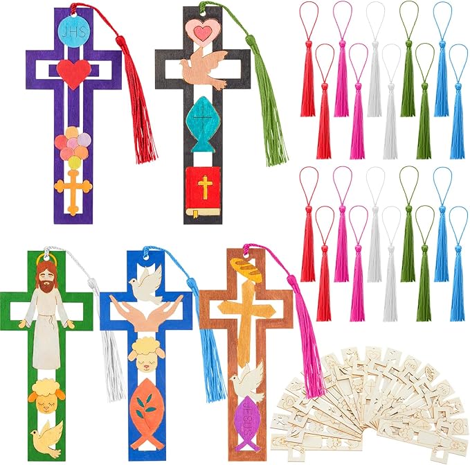 Yexiya 50 Set First Communion Party Favors, DIY Wooden Cross Bookmarks with Tassels for Baptism, Sunday School Crafts Bulk, Christian Religious Gifts for Confirmation & Church Events