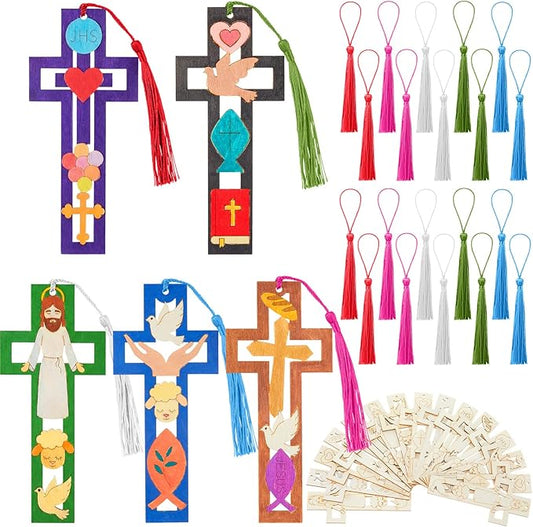 Yexiya 50 Set First Communion Party Favors, DIY Wooden Cross Bookmarks with Tassels for Baptism, Sunday School Crafts Bulk, Christian Religious Gifts for Confirmation & Church Events