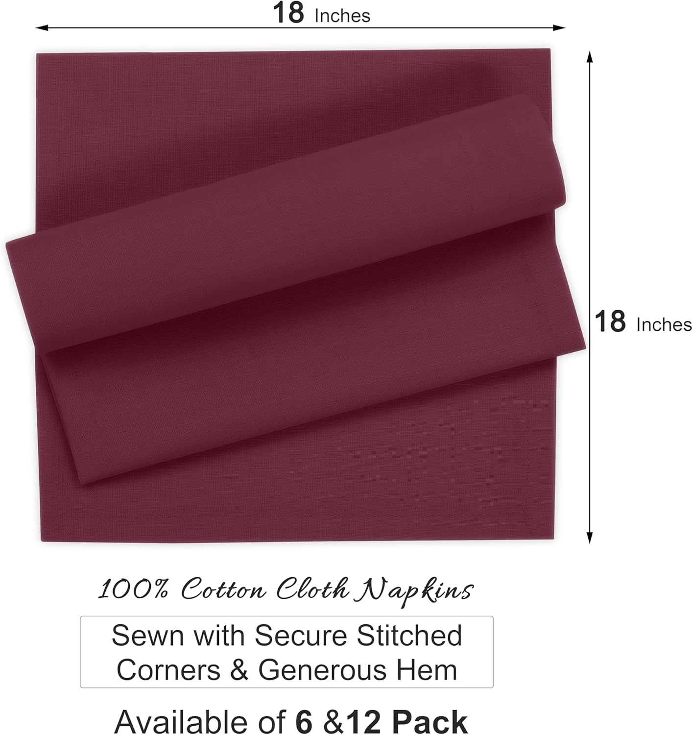 Ruvanti Premium Cloth Napkins Set of 6, 18x18 Inches, 100% Cotton, Washable, Soft & Absorbent, Perfect for Wedding, Christmas, ‎Thanksgiving Dinners - Burgundy