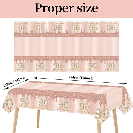 3 Pcs 90th Birthday Tablecloth Decorations, Pink Rose Gold Happy 90 Birthday Theme Table Cover, Plastic Disposable Rectangular Table Cloth Decor