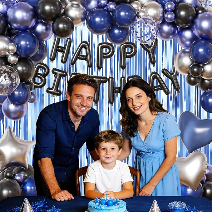Navy Blue and Black Birthday Decorations for Men, Metallic Navy Blue Black Silver Foil Confetti Balloons Happy Birthday Banner Fringe Curtains Birthday Decorations for Boy Girls Women Men