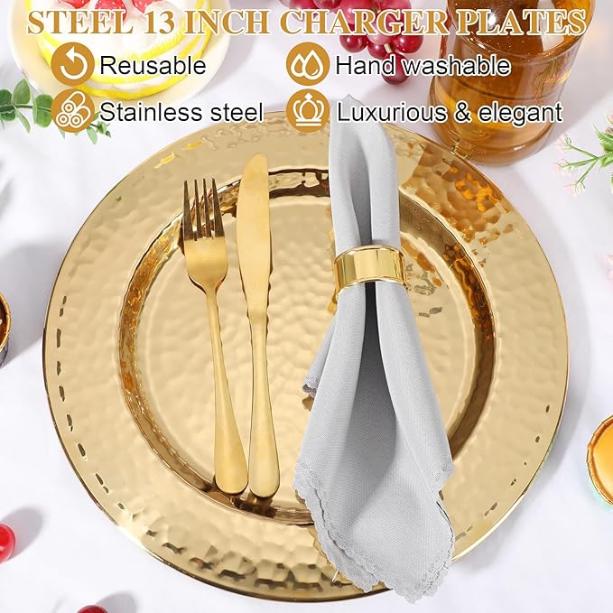 12 Packs Chargers Plates Bulk 13 Inch Stainless Steel Hammered Rim Round Elegant Dinner Plates Luxury Decorative Chargers for Wedding Party Catering Upscale Events (Gold)