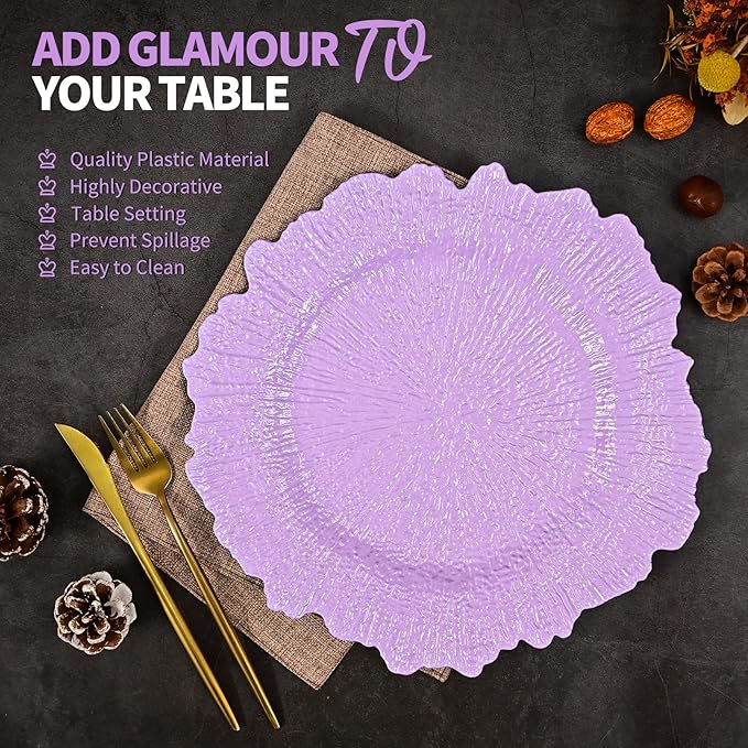 24 Pcs Lavender Charger Plates Bulk 13 Inch Plastic Charger Plates for Dinner Plate, Lavender Chargers for Table Setting, Reef Design Plate Floral Decorative Round Chargers for Wedding Party, Event