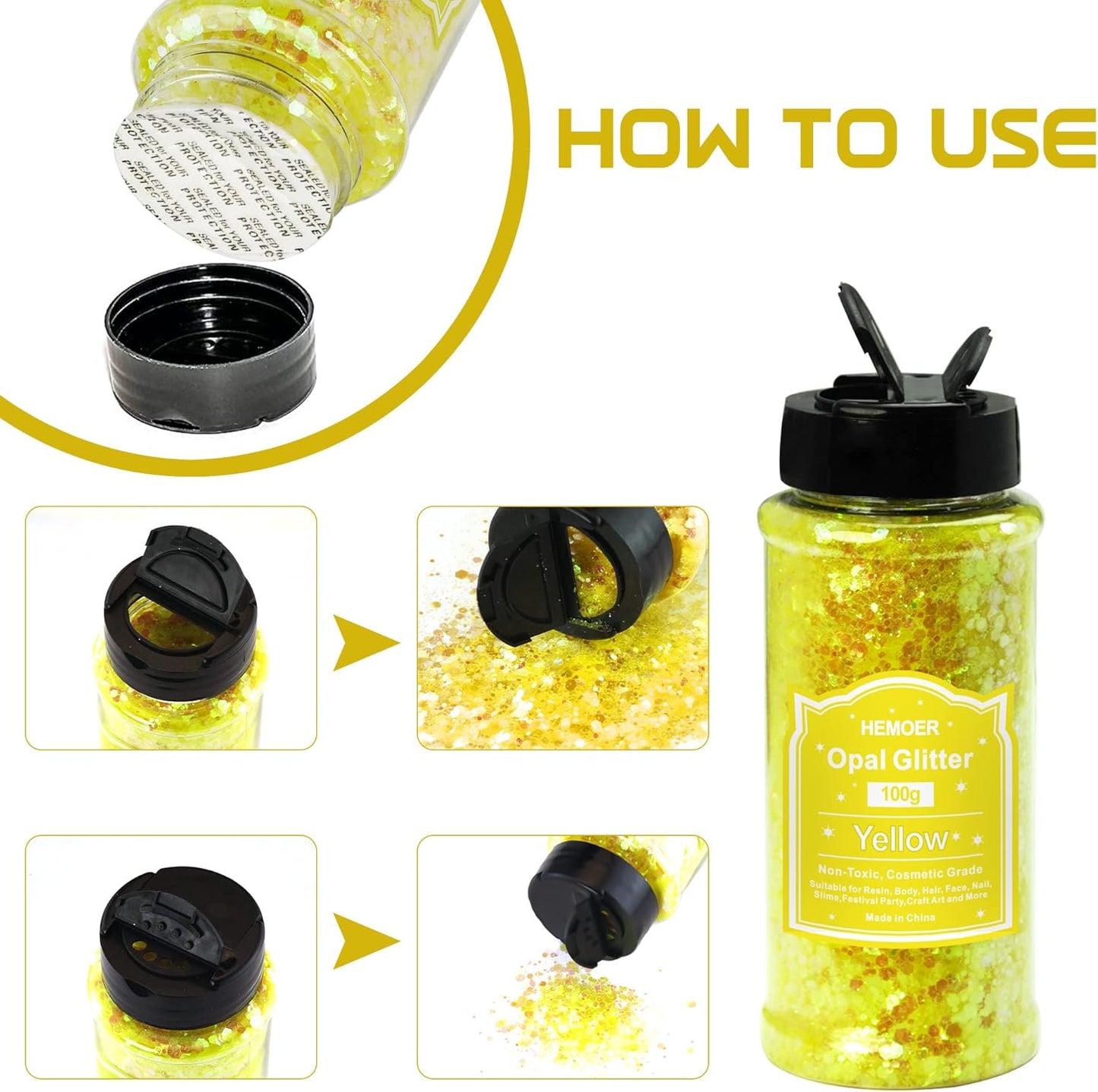 HEMOER Yellow Opal Glitter 100g/3.5oz, Cosmetic Mixed Hexagon Chunky & Fine Craft Glitter Resin Sequins for Epoxy Glass, Resin Art, Body, Hair, Face, Nail, Slime, Tumbler, Festival Party