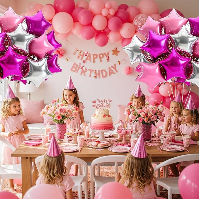 TONIFUL 15Pcs 18 Inch Large Hot Pink Silver Pink Star Shape Foil Balloons Big Stars Helium Mylar Ballons for Birthday Wedding Bridal Shower Anniversary Engagement Party Decorations Supplies