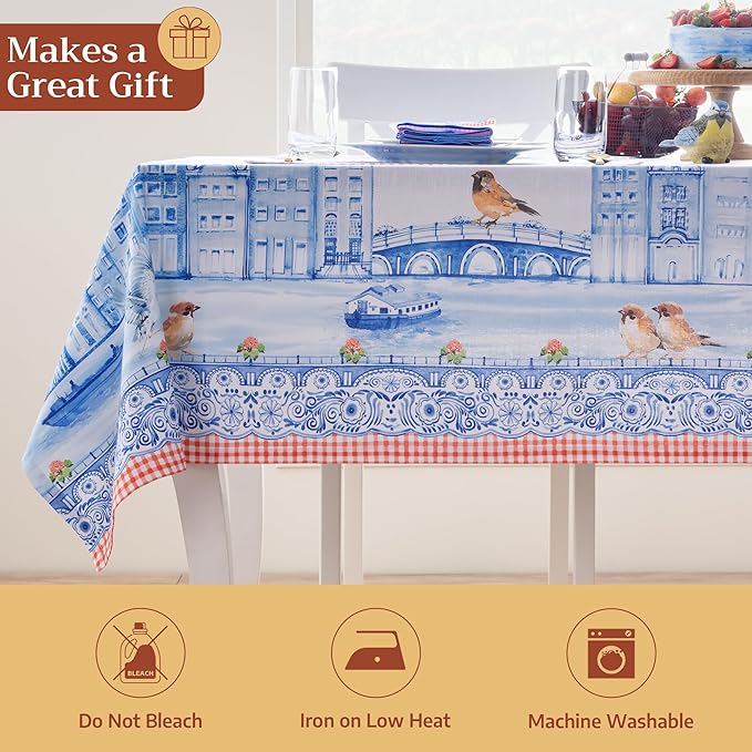 Maison d' Hermine Table Cloth Rectangle Table 100% Cotton 70 x 90 Inches Tablecloth Reusable Decorative for Dining Room Farmhouse Home Valentines Day Decorations Spring Summer - Amsterdam Canals
