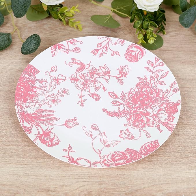 Efavormart 10-Pack French Toile Plastic Dinner Plates – Pink & White Floral, 10" Round Disposable Party Plates
