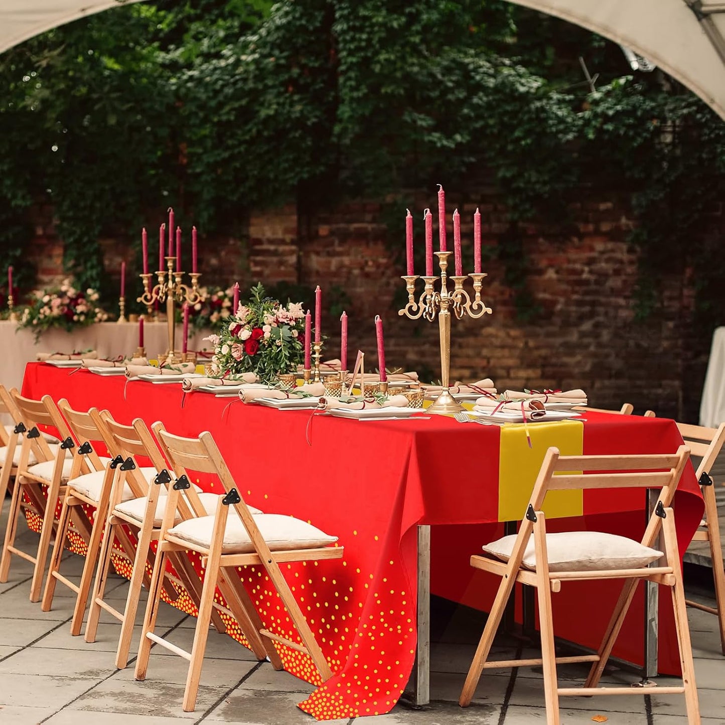 8Pack Disposable Plastic Party Tablecloths and Satin Table Runner Set Red and Gold Dot Table Cloth Gold Satin Table Runner for Wedding Birthday Baby Shower Anniversary Holiday Party Decorations