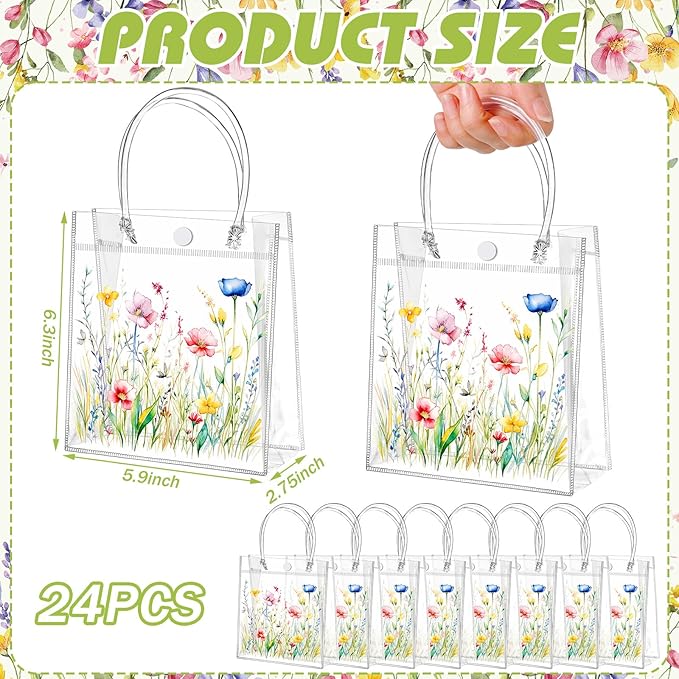 Tioncy 24 Pcs Wildflower Clear PVC Gift Bags Wildflower Baby in Bloom Baby Shower Party Favor Bags with Handles Candy Treat Basket for Wedding Birthday Baby Party Supplies