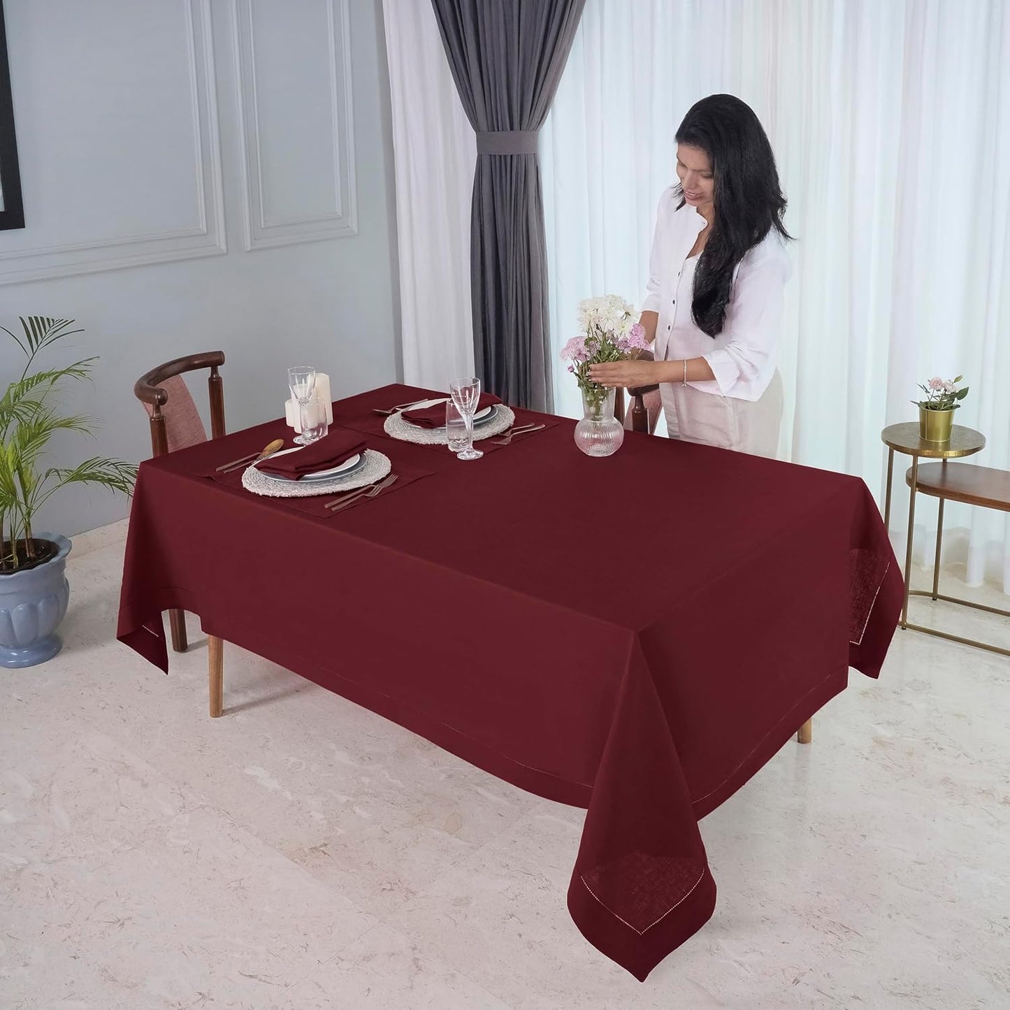 D'Moksha Homes Dark Red Linen Tablecloth for Rectangle Tables 60 x 102 Inch - Classic Hemstitch 100% Pure Linen Red Table Cloth - Machine Washable Dining Tablecloth for Thanksgiving, Christmas