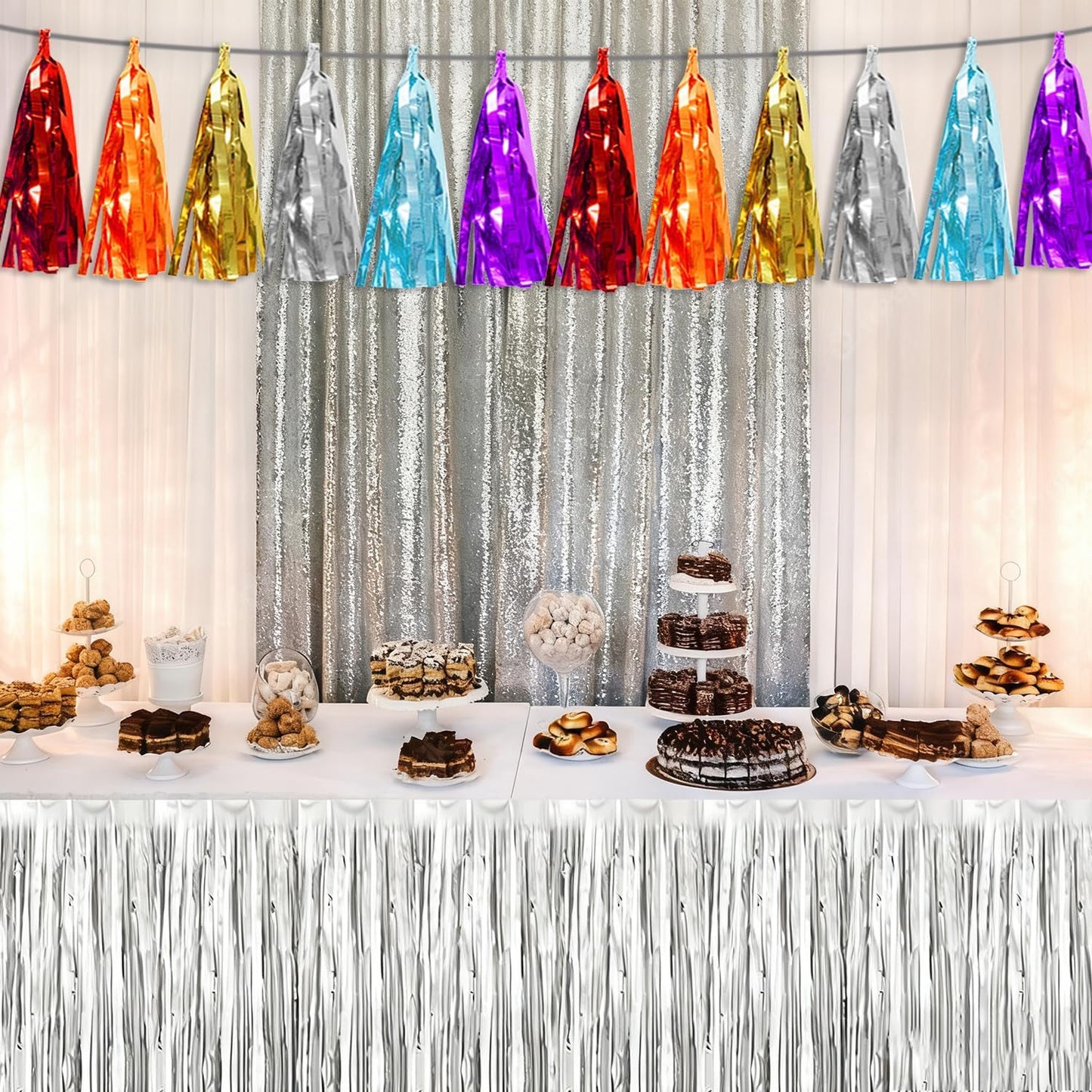 3P Lake Blue Orange-Red-Gold-Silver-Purple Tassel Banner Garland Metallic Foil Fringe Banner Tinsel Tassels Streamer Banner Backdrop for Parade Floats,Graduation Wedding Party Decorations