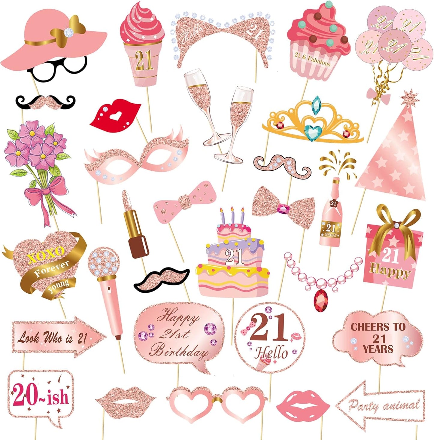 Birthday Decorations, Tumwisk 33PCS 21st Birthday Decorations for Girls, Rose Gold Happy 21st Photo Booth Props Glitter Girl Party Selfie Props (21st)