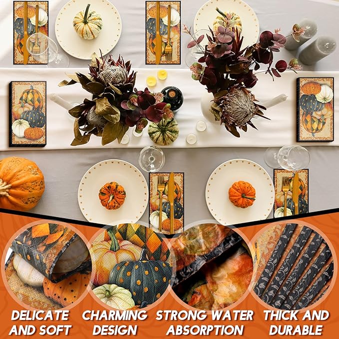 Karenhi 200 Pieces Pumpkin Disposable Hand Towels for Bathroom 2 Ply Paper Guest Towels Autumn Geometric Disposable Napkin Paper Hand Towels for Bathroom Decorative Napkins for Party Holiday Bathroom