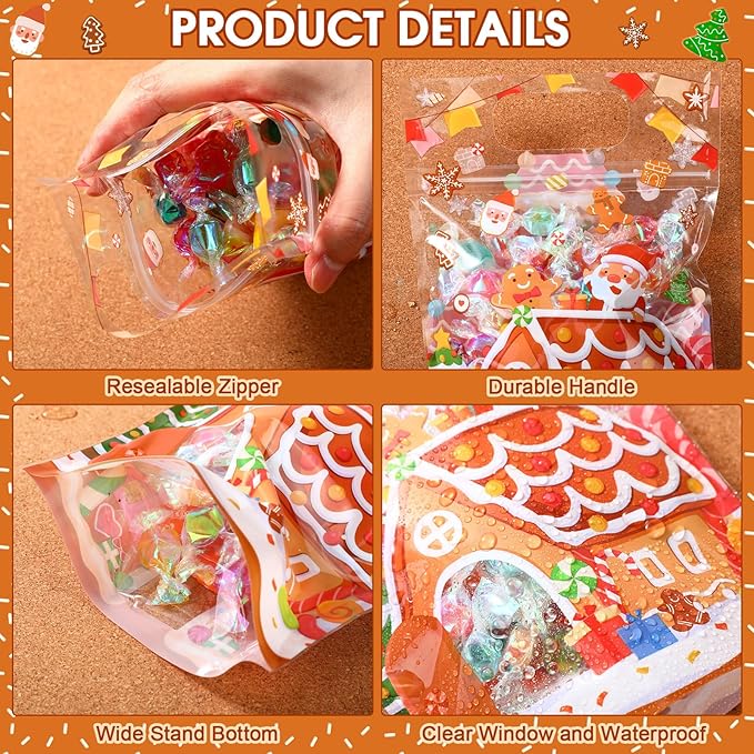 Blosssound 50 Pcs Christmas Party Gift Bags Gingerbread House Favor Bags Xmas Holiday Plastic Bags with Handle for Christmas Holiday Party Candy Guests Gift Wrapping Supplies Decor (Gingerbread House)