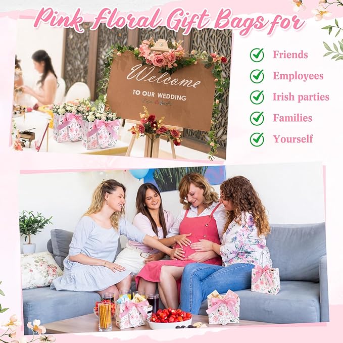 Moinchore 30 Pcs Pink Floral Paper Gift Bags with Ribbon Handles, 5.5 x 4.7 x 2.5 in Medium Decorative Favor Bags for Baby Shower, Bridal Party, Wedding, Birthday, Candy, Snacks and Small Gifts