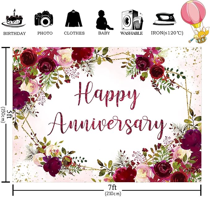 Homewelle Happy Anniversary Backdrop 7Wx5H Feet Polyester Fabric Elegant Burgundy Flower Rose Plant Botanical Decoration Green Leaves Gold Glitter Photography Background Photo Shoot Props