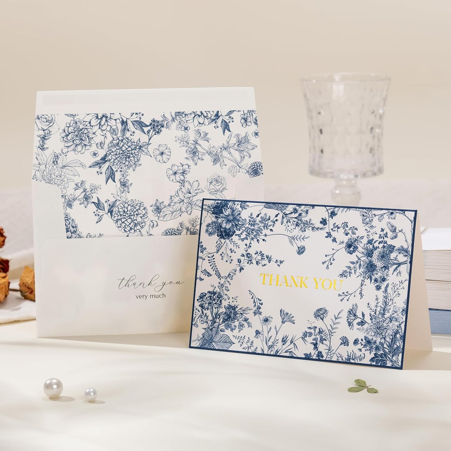 Crisky Navy Blue Floral Thank You Cards with Envelopes, 50 Pack Gold Foil Wildflower Greeting Notes Bulk for Birthday, Baby Shower, Bridal Shower, Wedding, Graduation