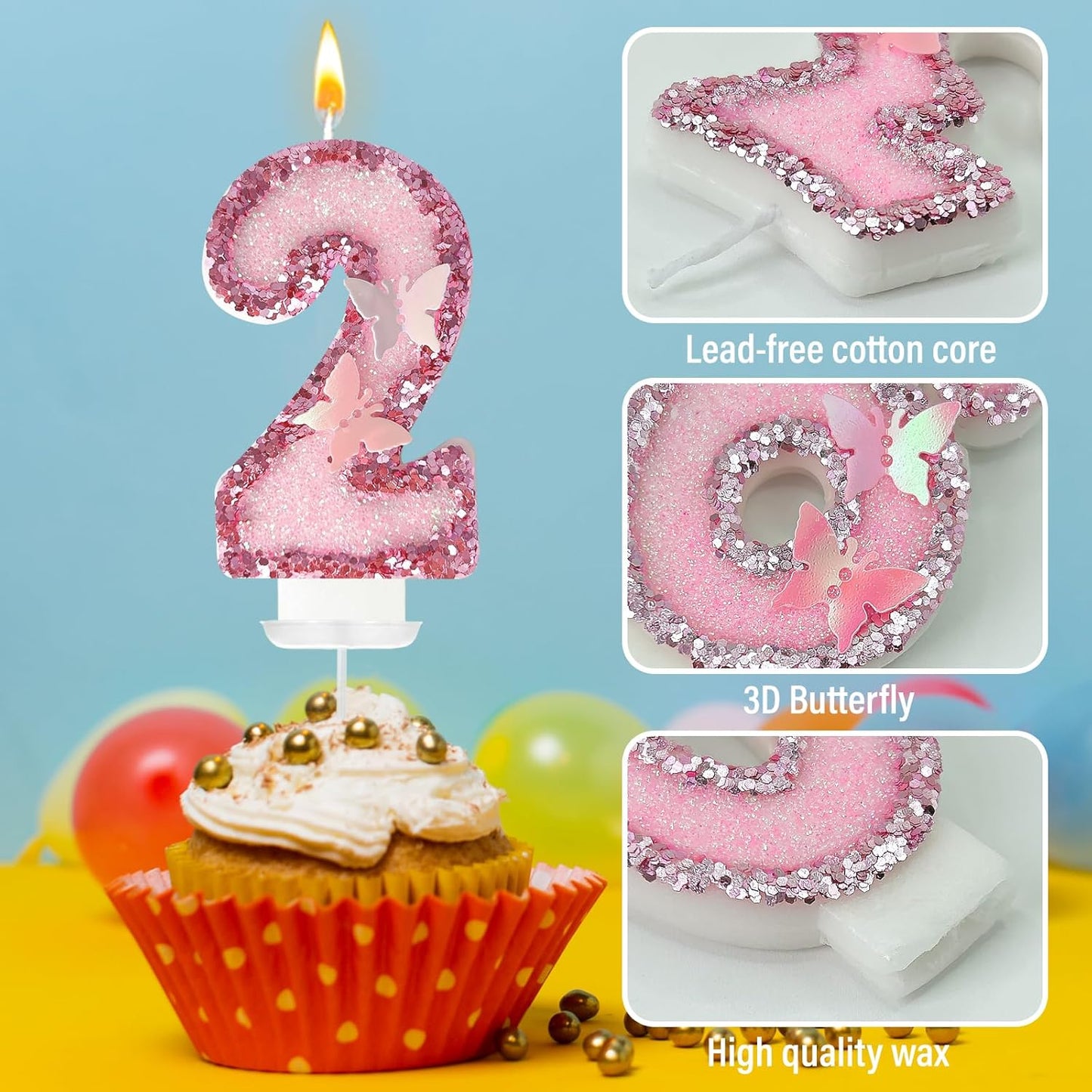 20Th Birthday Candles，Glitter Butterfly Cake Toppers Pink Sequins Wedding Numeral Cupcake Decorations，Suitable for Girl and Boy Wedding Cakes, Party Celebrations, Birthday Decorations (20)