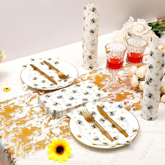 Karenhi 200 Pcs Honey Bee Party Supplies Disposable Hand Towel for Bathroom 2 Ply Spring Yellow Decorative Napkins Floral Bathroom Paper Hand Towels for Honey Bee Birthday Baby Shower Party Decoration