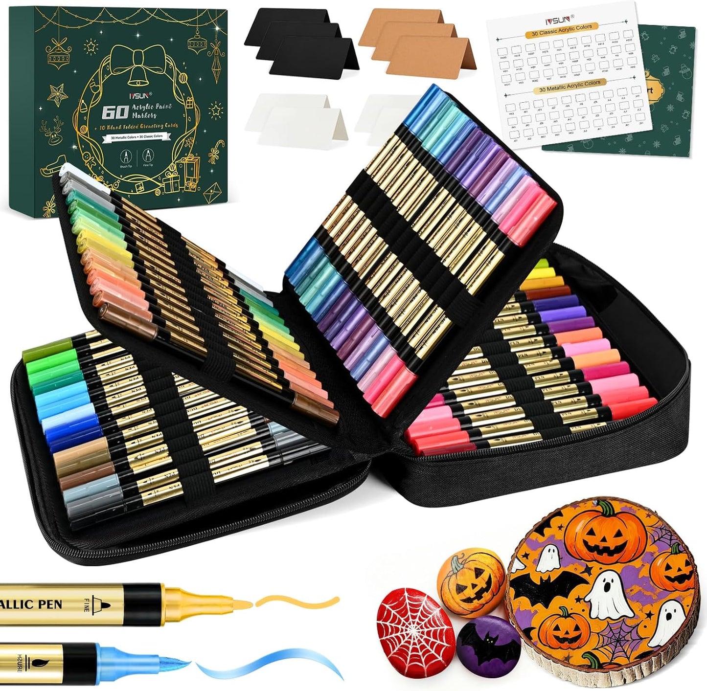 IVSUN 60 Acrylic Paint Markers, 30 Metallic & 30 Regular Colors Dual Tip Metallic Marker Pens for Black Paper, Photo Album, Rock Painting, Glass, Wood, Card Making, Scrapbook Supplies, DIY Crafts