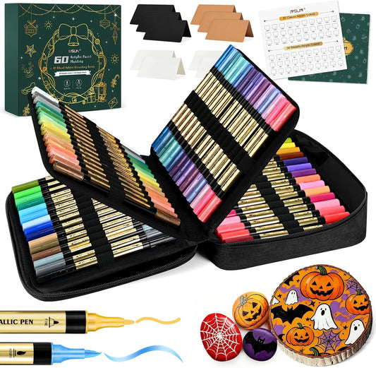 IVSUN 60 Acrylic Paint Markers, 30 Metallic & 30 Regular Colors Dual Tip Metallic Marker Pens for Black Paper, Photo Album, Rock Painting, Glass, Wood, Card Making, Scrapbook Supplies, DIY Crafts