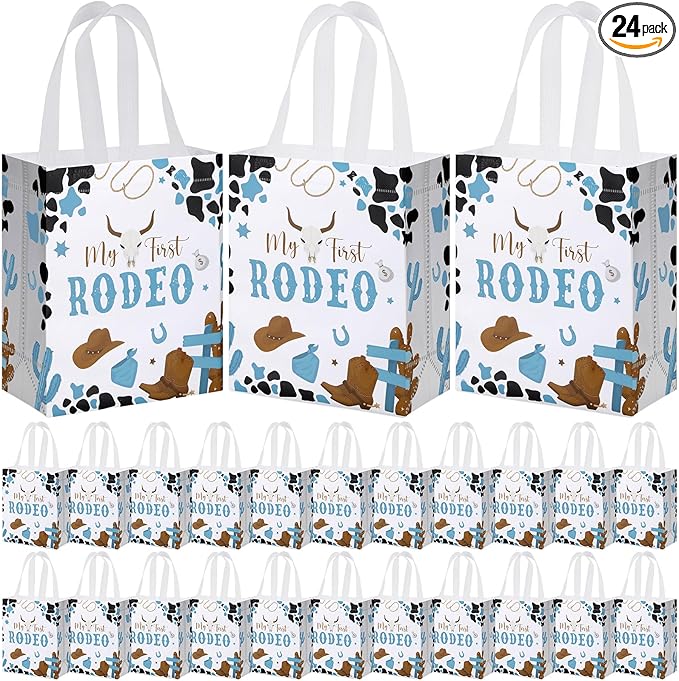 Supervitae 24 Pack My First Rodeo Gift Bags Medium Western Theme Cowboy Party Decoration Supplies Reusable Non Woven Totes for 1st Birthday Rodeo Themed Supplies Favor(9.8" x 7.9" x 3.9")