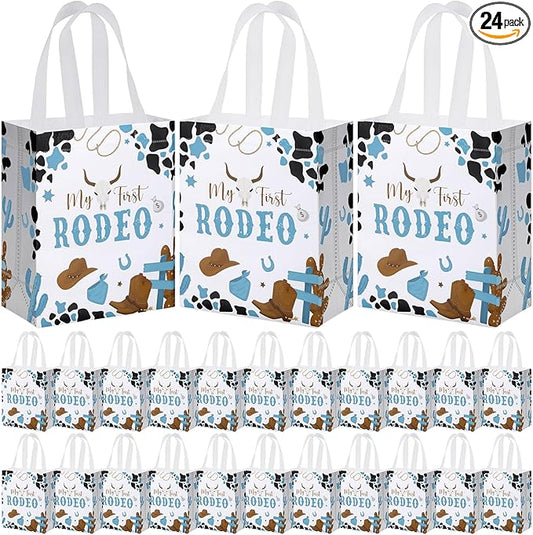 Supervitae 24 Pack My First Rodeo Gift Bags Medium Western Theme Cowboy Party Decoration Supplies Reusable Non Woven Totes for 1st Birthday Rodeo Themed Supplies Favor(9.8" x 7.9" x 3.9")