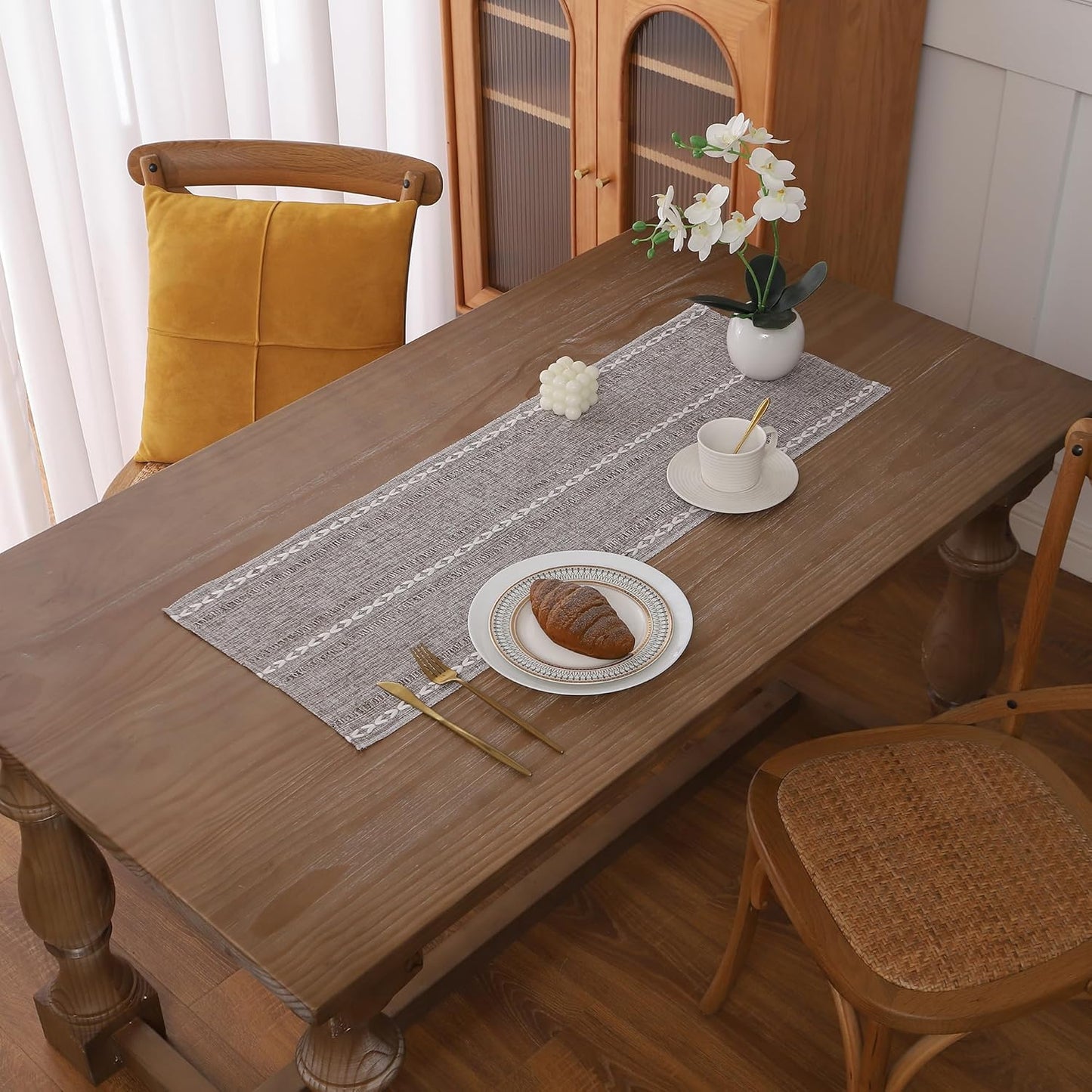 Gernaice Boho Table Runner, Rustic Embroidered Cotton Linen Farmhouse Table Runners for Dresser End Coffee Table Home Decor, 36" L X 13" W Dark Brown