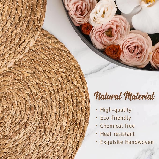 13.8 in Round Woven Placemats Plate Chargers Set of 6, Boho Farmhouse Rustic Woven Place Mats for Dining Table Decor, Rattan Wicker Table Mats Jute Braided Chargers for Dinner Plates