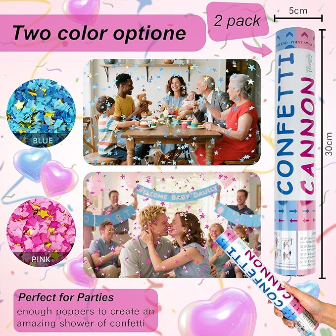 2 Pack Gender Reveal Confetti Cannon, 12 in Pink Star shaped Paper Party Poppers Cannons, Confetti Poppers For Baby Girl Gender Reveal Baby Showers (Star, Pink)