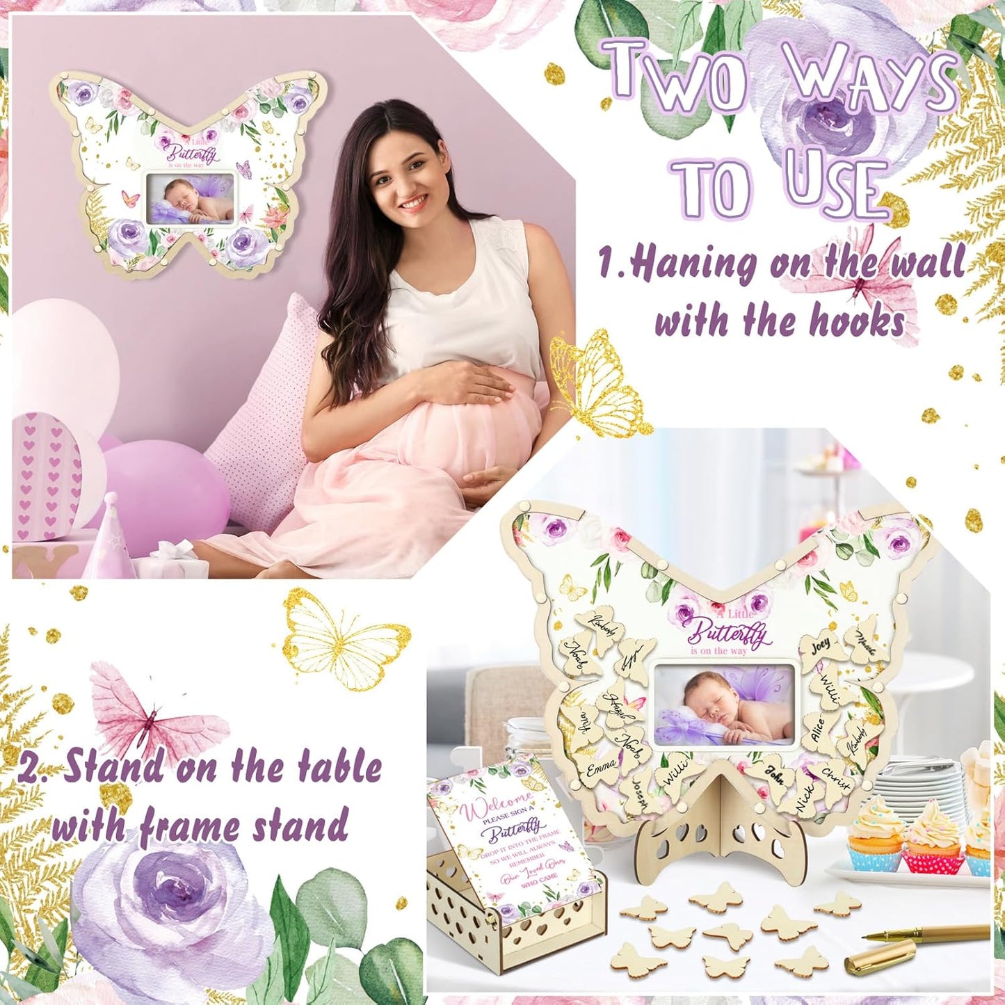 Wenqik 63 Pcs Butterfly Baby Shower Guest Book Alternatives Set Baby Shower Decorations with Photo Frame Sonogram Frame Keepsake 60 Wood Slices Guest Book for Birthday