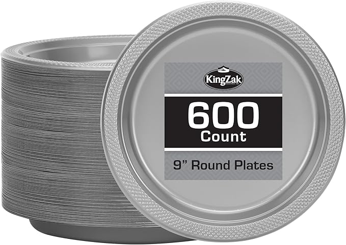Hanna K. Signature Collection Silver Plastic Plates 9 Inch - 600 count Solid Round Party For Weddings, BBQs, Birthday Disposable Dessert (81890 (case))